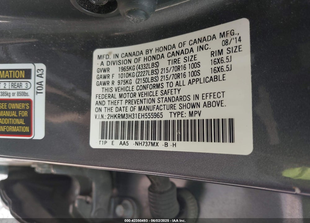 2014 HONDA CR-V VIN: 2HKRM3H31EH555965