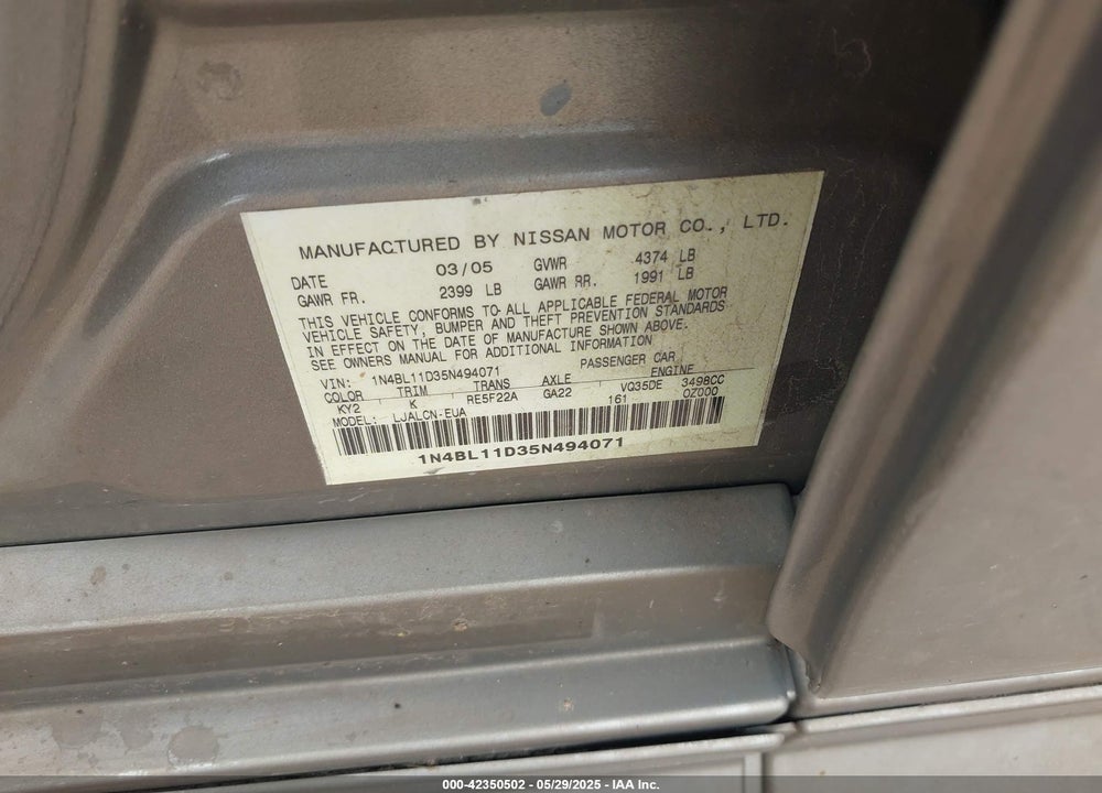 2005 NISSAN ALTIMA 3.5 SE VIN: 1N4BL11D35N494071