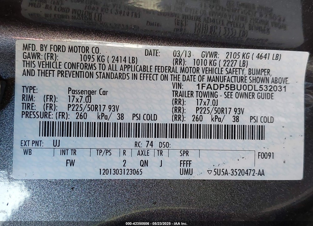2013 FORD C-MAX HYBRID SEL VIN: 1FADP5BU0DL532031