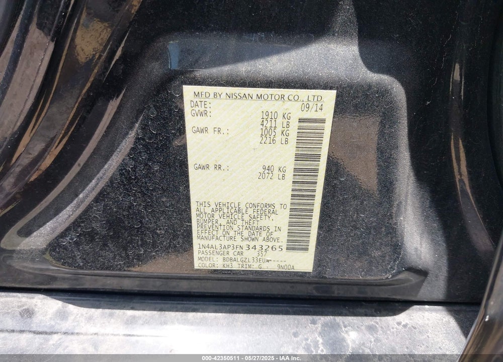 2015 NISSAN ALTIMA 2.5/2.5 S/2.5 SL/2.5 SV VIN: 1N4AL3AP3FN343265