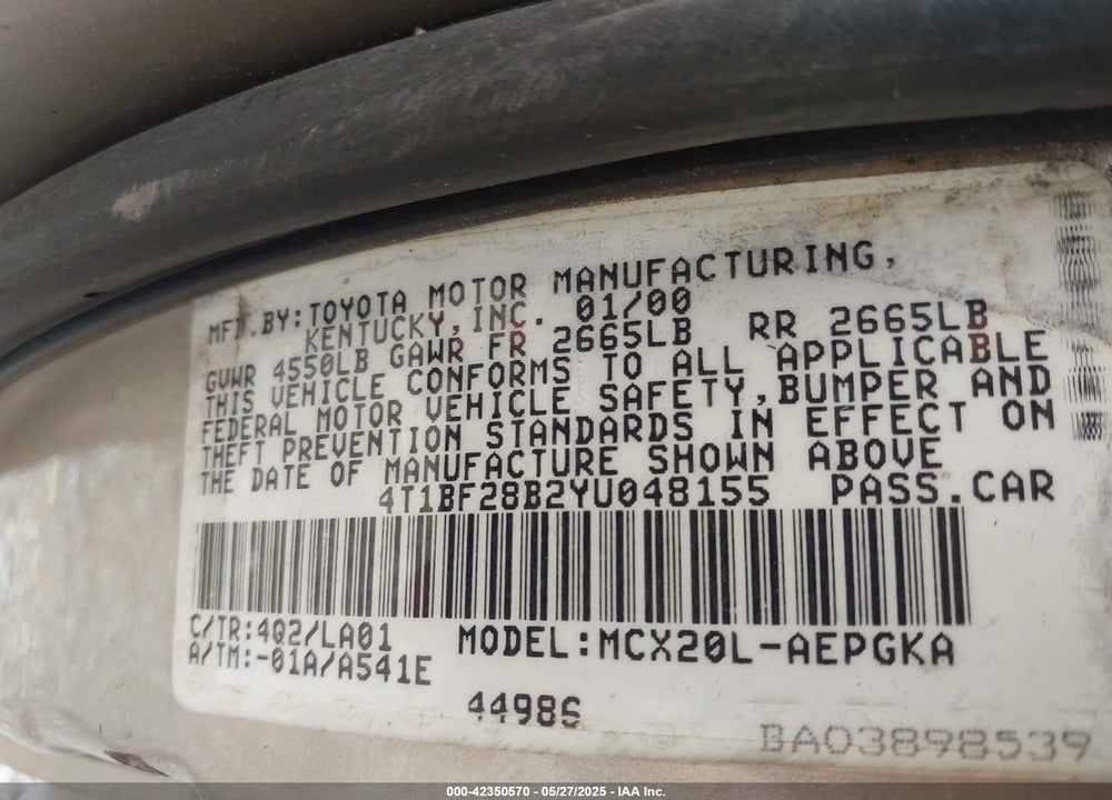 2000 TOYOTA AVALON XLS VIN: 4T1BF28B2YU048155
