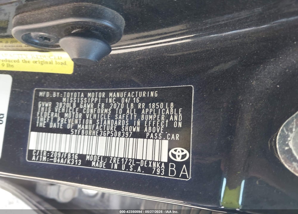 2016 TOYOTA COROLLA LE VIN: 5YFBURHE3GP508397