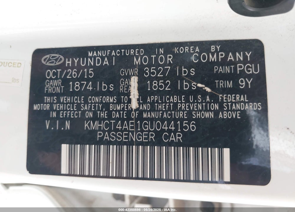 2016 HYUNDAI ACCENT VIN: KMHCT4AE1GU044156