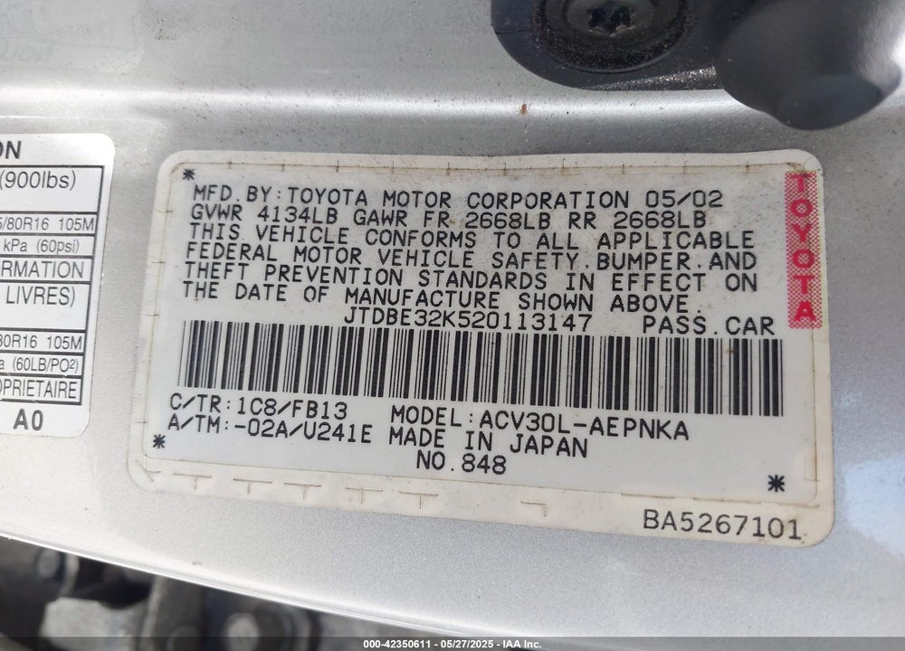 2002 TOYOTA CAMRY LE/SE/XLE VIN: JTDBE32K520113147