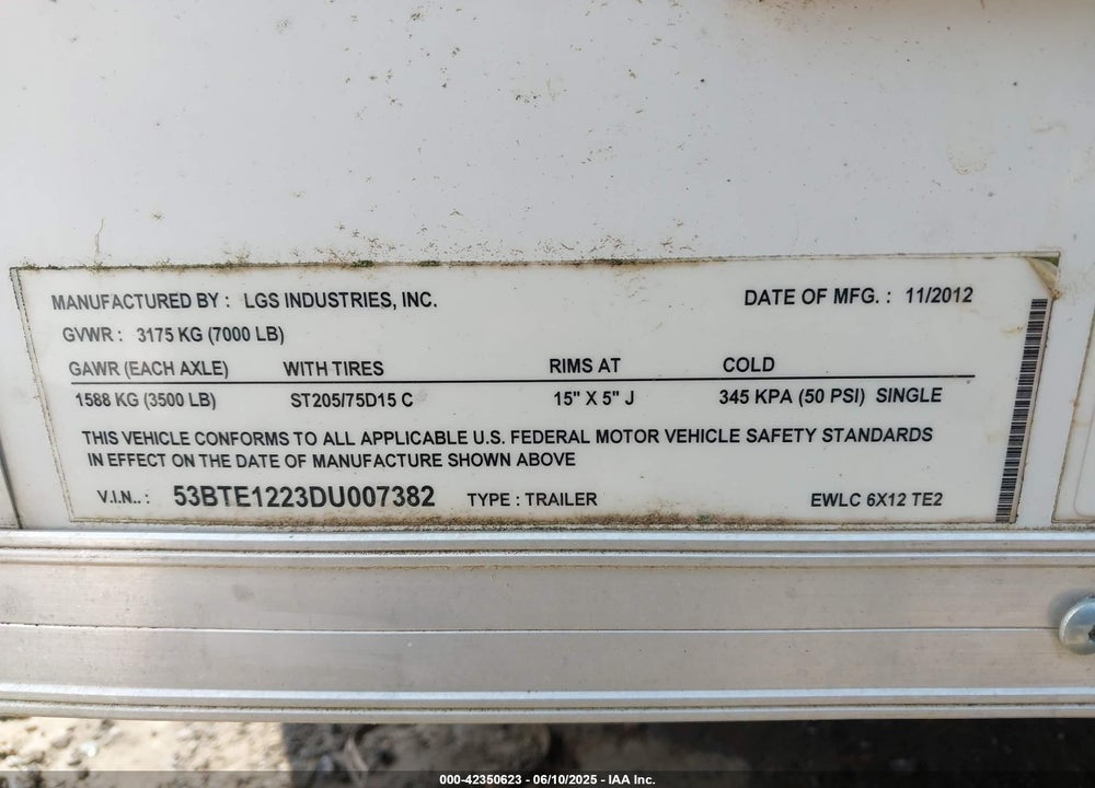 2013 LOOK TRAILERS EWLC6X12TE2 VIN: 53BTE1223DU007382