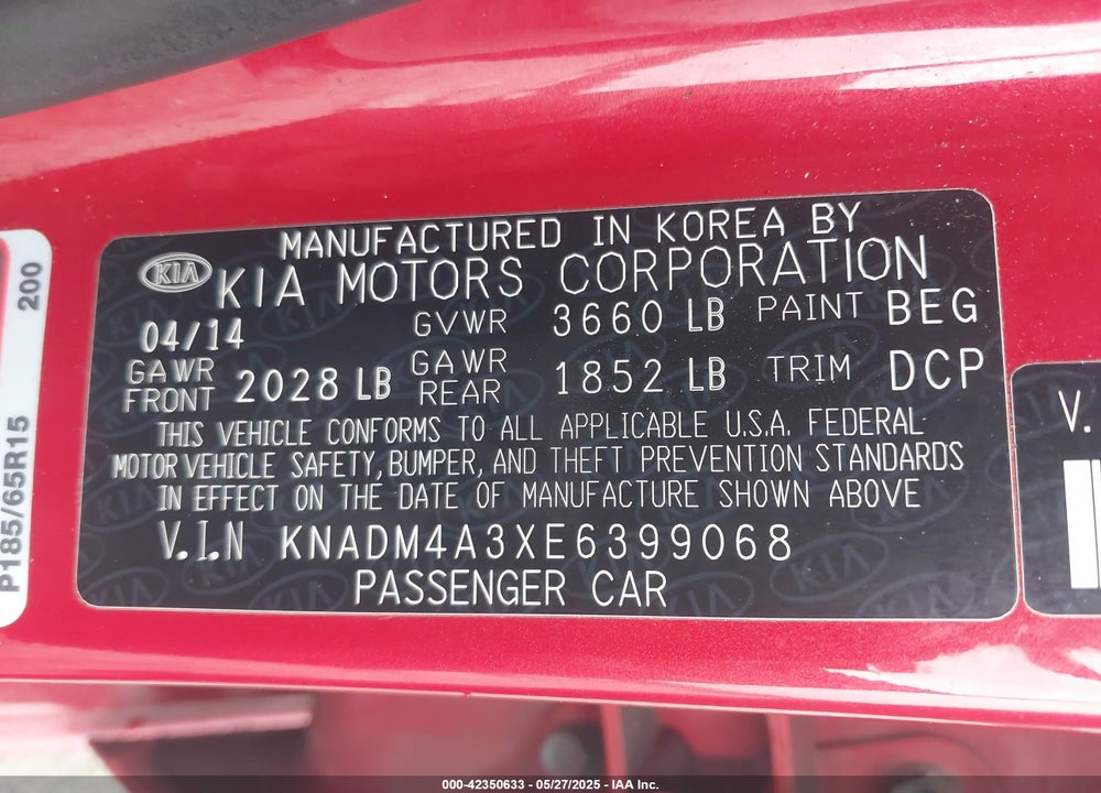 2014 KIA RIO VIN: KNADM4A3XE6399068