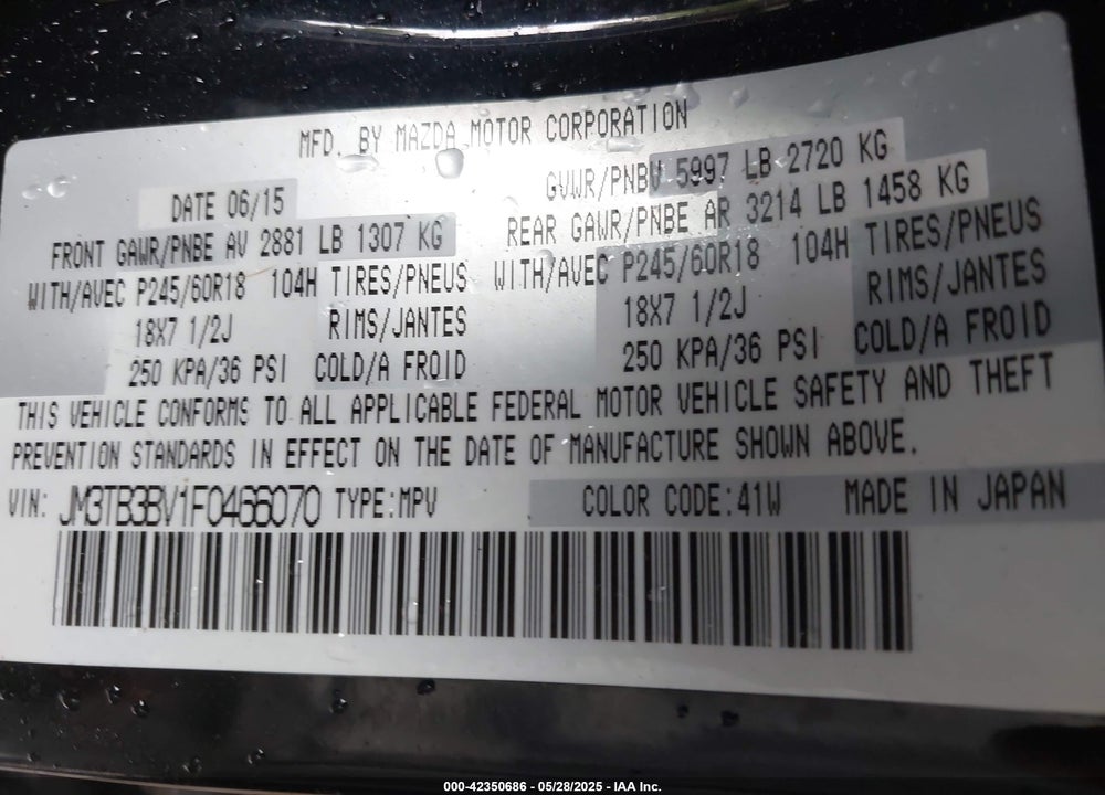 2015 MAZDA CX-9 VIN: JM3TB3BV1F0466070