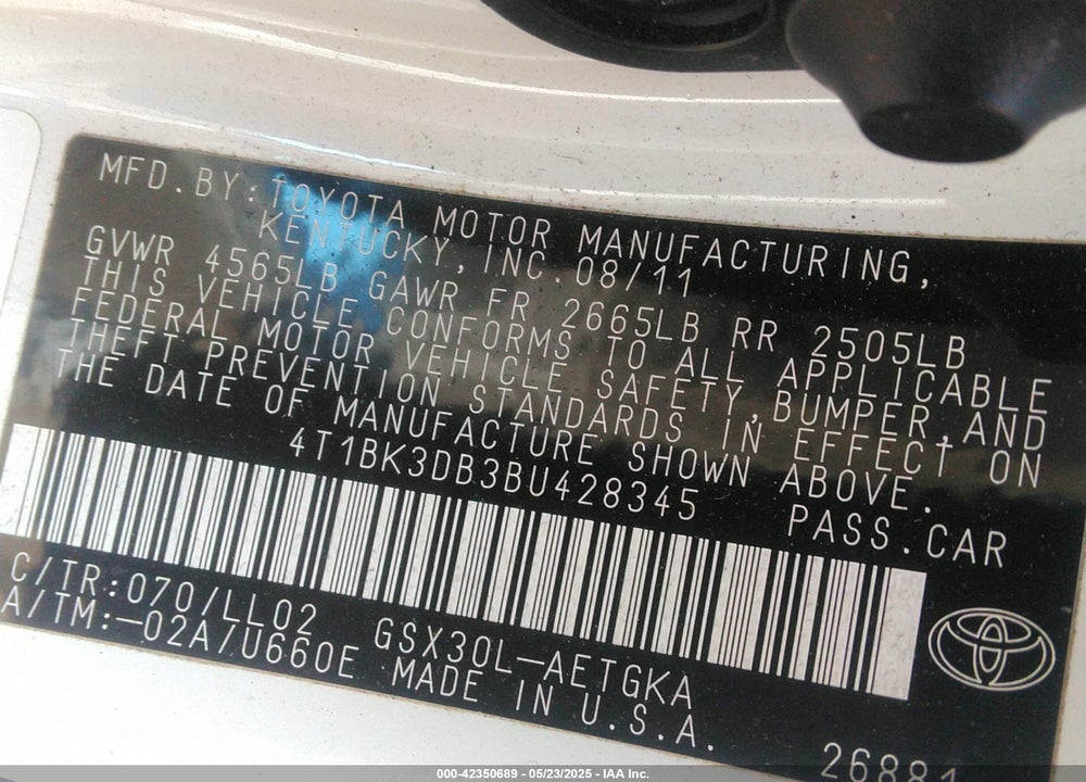 2011 TOYOTA AVALON VIN: 4T1BK3DB3BU428345