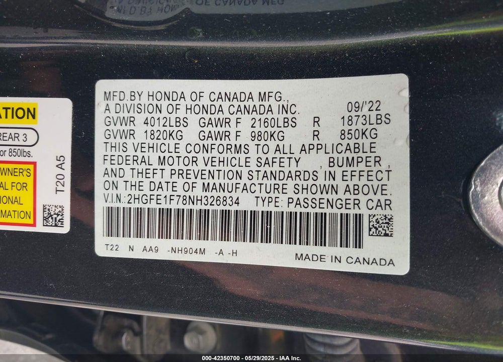 2022 HONDA CIVIC VIN: 2HGFE1F78NH326834