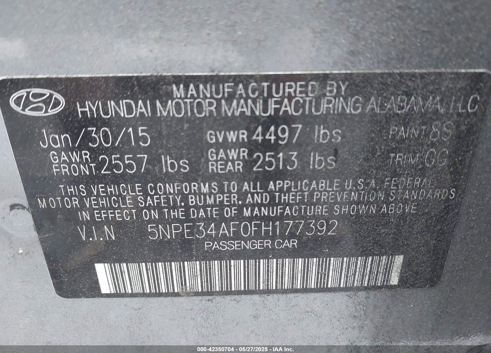 2015 HYUNDAI SONATA VIN: 5NPE34AF0FH177392
