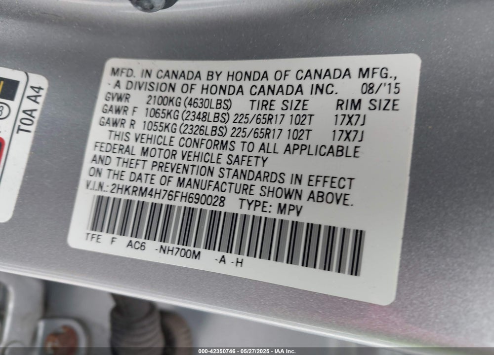 2015 HONDA CR-V VIN: 2HKRM4H76FH690028