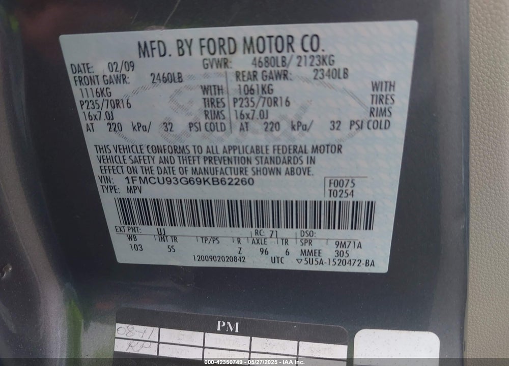 2009 FORD ESCAPE XLT VIN: 1FMCU93G69KB62260