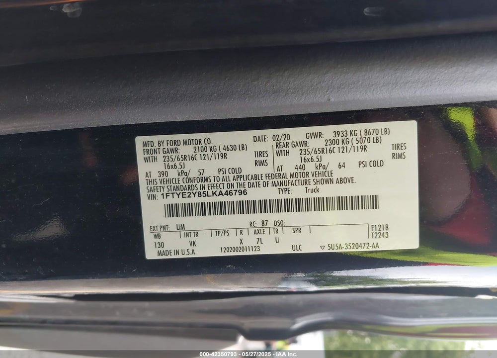 2020 FORD TRANSIT-150 VIN: 1FTYE2Y85LKA46796