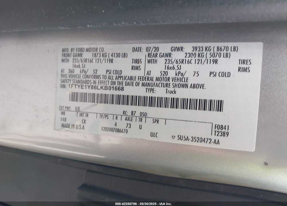 2020 FORD TRANSIT-150 VIN: 1FTYE1Y86LKB01668