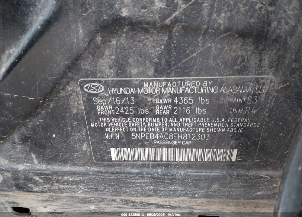 2014 HYUNDAI SONATA GLS VIN: 5NPEB4AC8EH812303