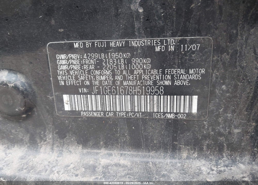 2008 SUBARU IMPREZA VIN: JF1GE61678H519958