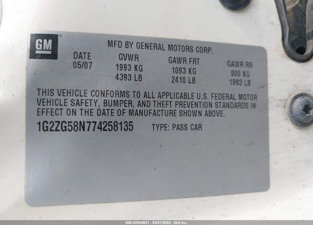 2007 PONTIAC G6 VIN: 1G2ZG58N774258135