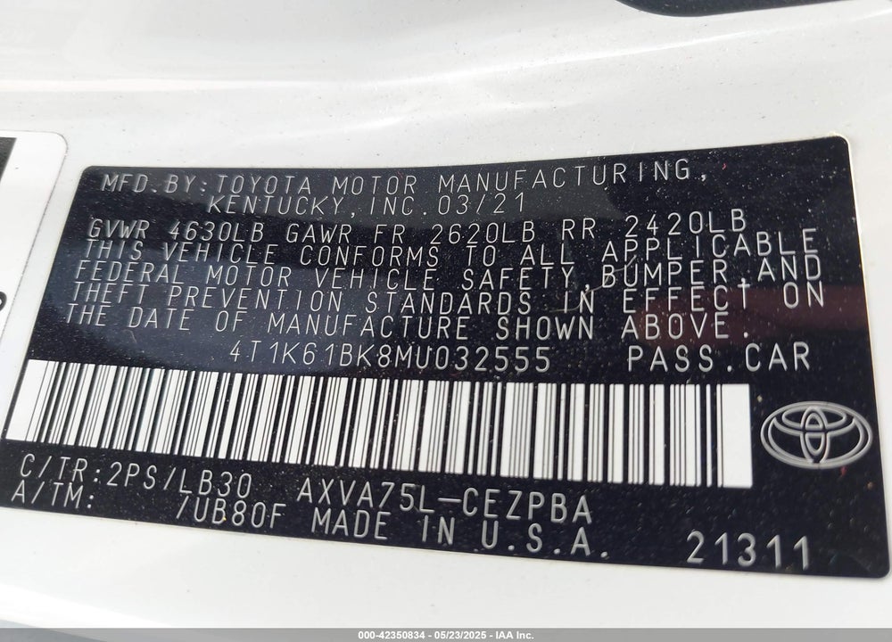 2021 TOYOTA CAMRY XSE AWD VIN: 4T1K61BK8MU032555