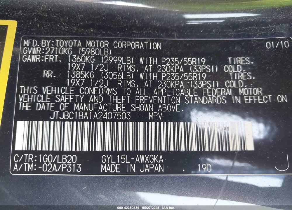 2010 LEXUS RX450H VIN: JTJBC1BA1A2407503