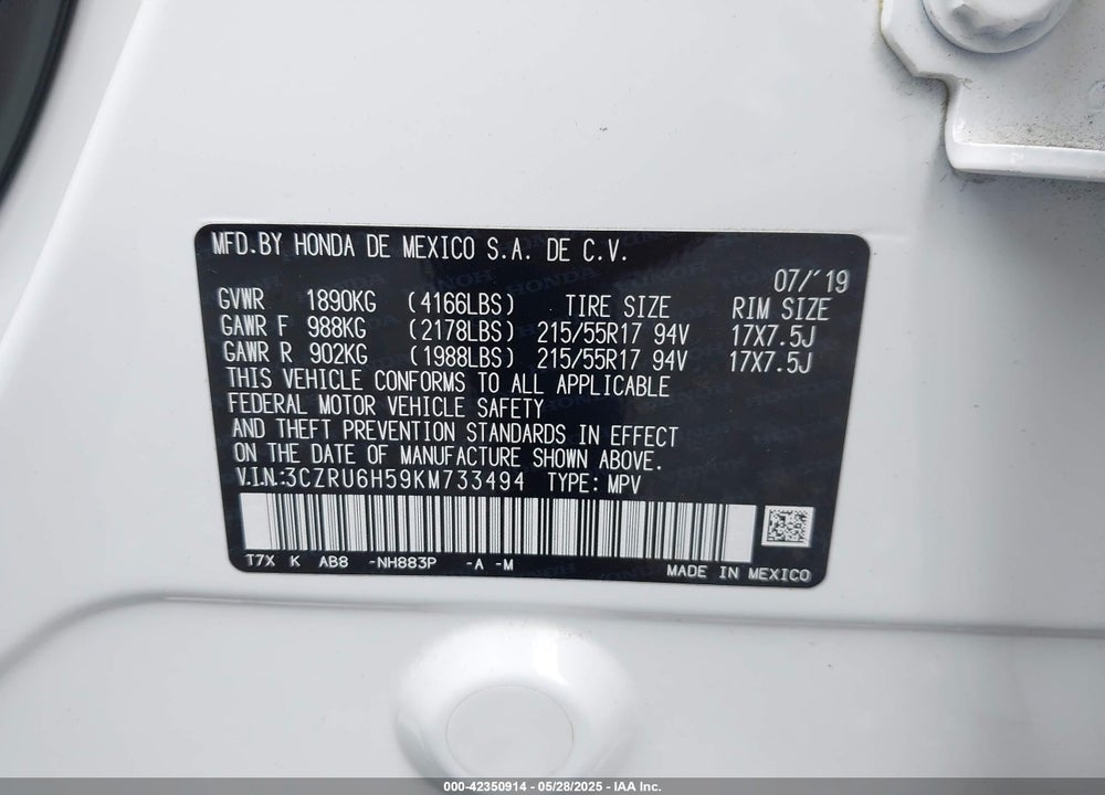 2019 HONDA HR-V VIN: 3CZRU6H59KM733494
