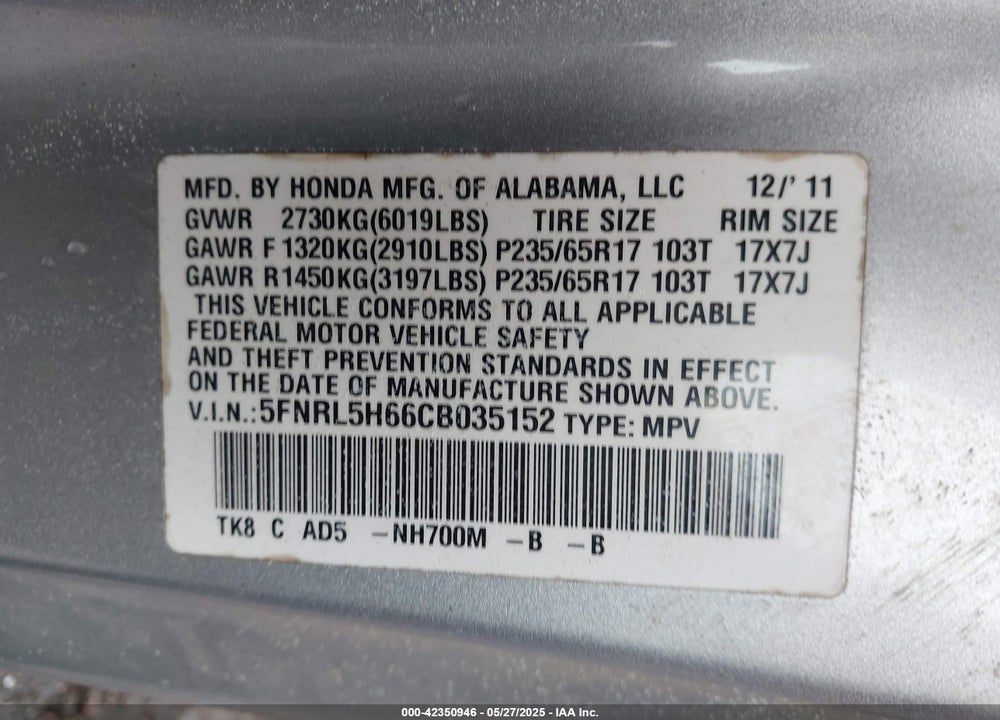 2012 HONDA ODYSSEY VIN: 5FNRL5H66CB035152