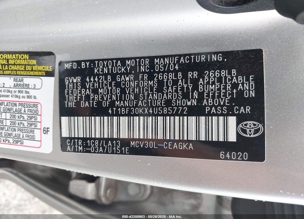 2004 TOYOTA CAMRY XLE V6 VIN: 4T1BF30KX4U585772