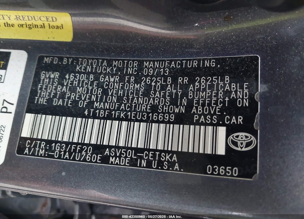 2014 TOYOTA CAMRY VIN: 4T1BF1FK1EU316699