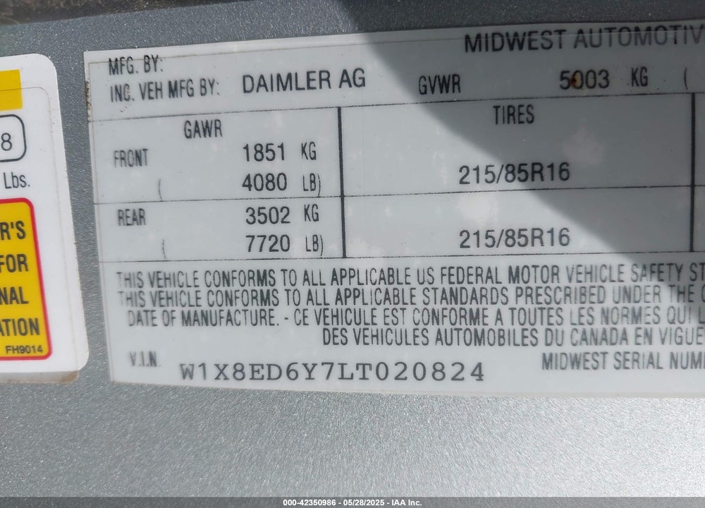 2020 MERCEDES-BENZ SPRINTER 3500XD HIGH ROOF V6 VIN: W1X8ED6Y7LT020824