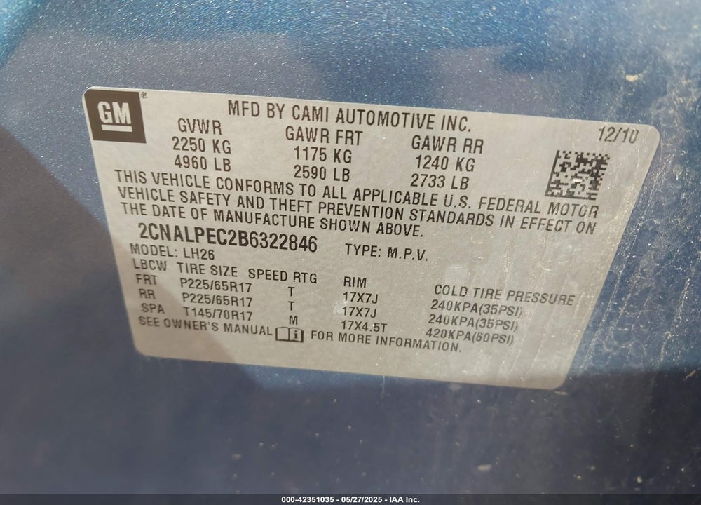 2011 CHEVROLET EQUINOX 2LT VIN: 2CNALPEC2B6322846