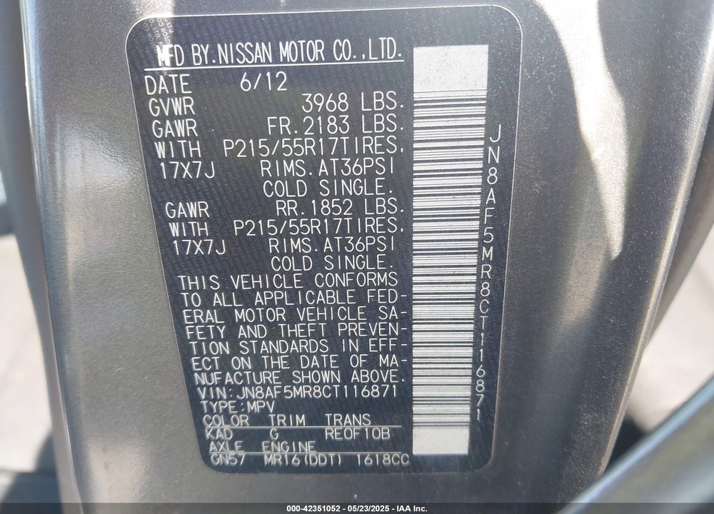 2012 NISSAN JUKE S VIN: JN8AF5MR8CT116871