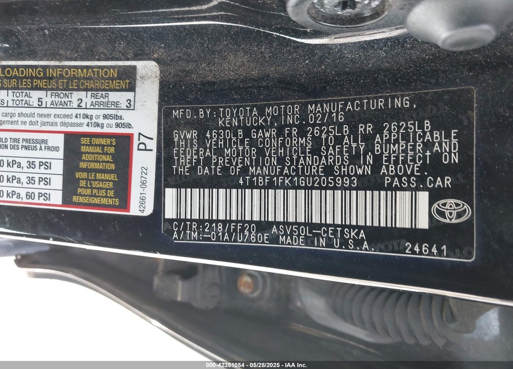 2016 TOYOTA CAMRY VIN: 4T1BF1FK1GU205993