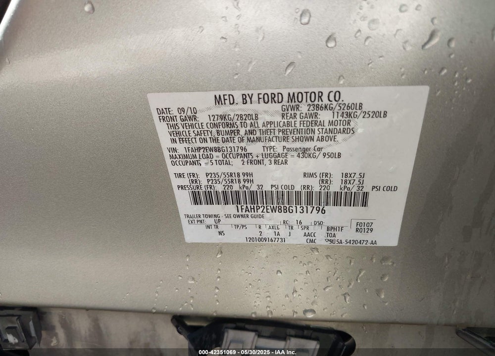 2011 FORD TAURUS VIN: 1FAHP2EW8BG131796