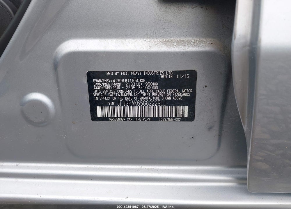 2016 SUBARU IMPREZA VIN: JF1GPAK65G8222911