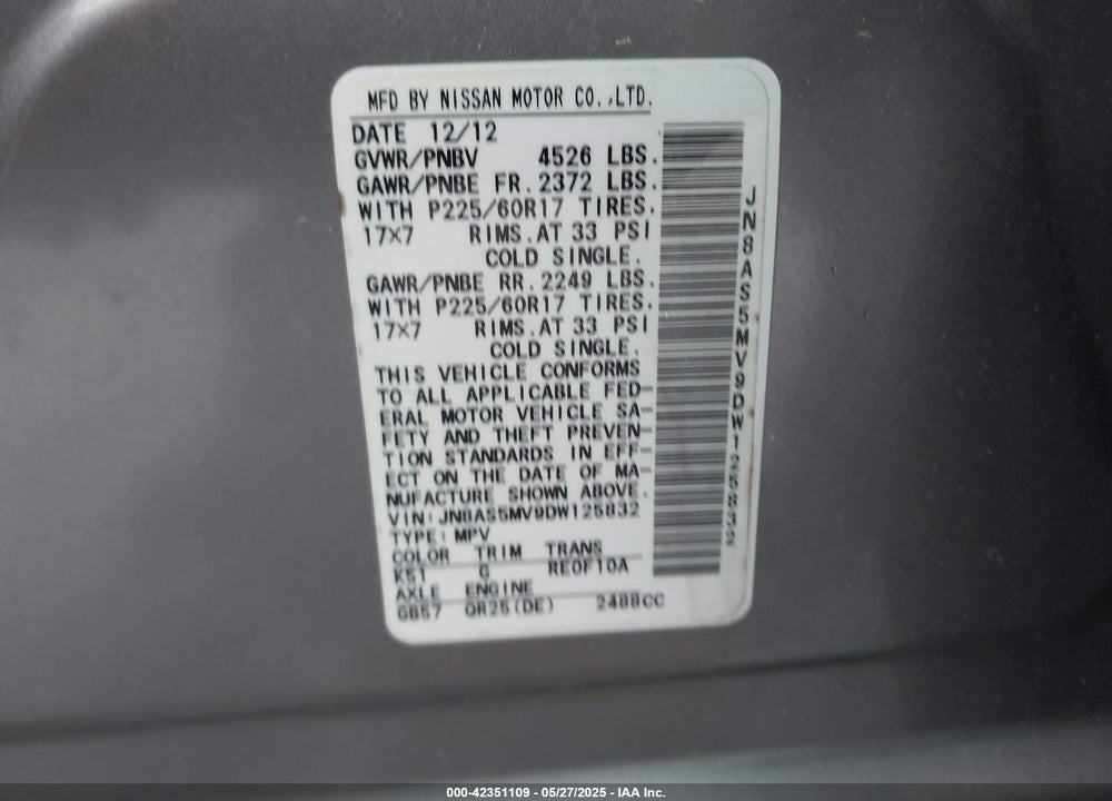 2013 NISSAN ROGUE SV VIN: JN8AS5MV9DW125832