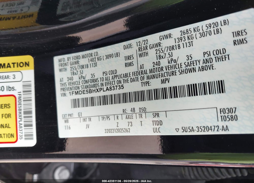 2023 FORD BRONCO VIN: 1FMDE5BHXPLA83735