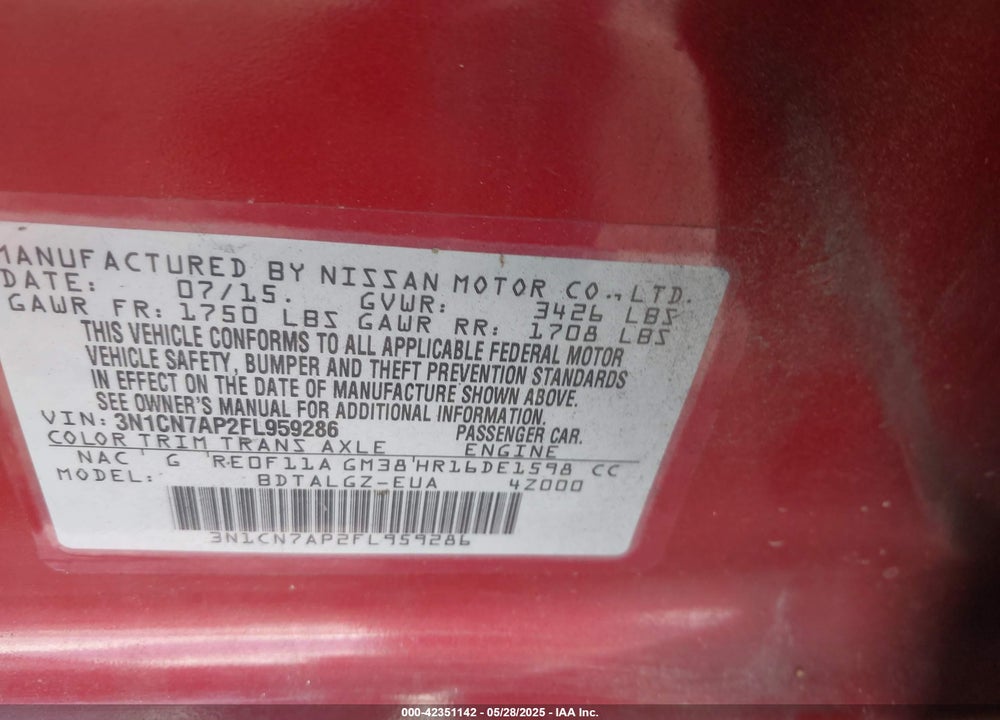 2015 NISSAN VERSA VIN: 3N1CN7AP2FL959286