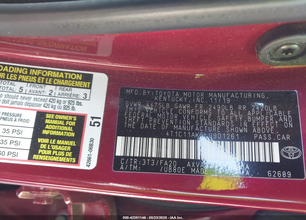 2020 TOYOTA CAMRY LE VIN: 4T1C11AK5LU901261
