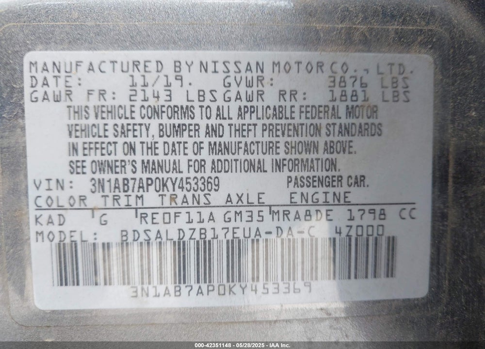 2019 NISSAN SENTRA SV VIN: 3N1AB7AP0KY453369