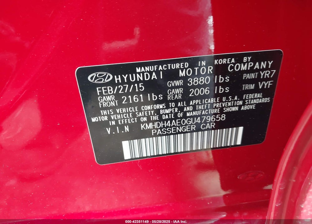 2016 HYUNDAI ELANTRA VIN: KMHDH4AE0GU479658