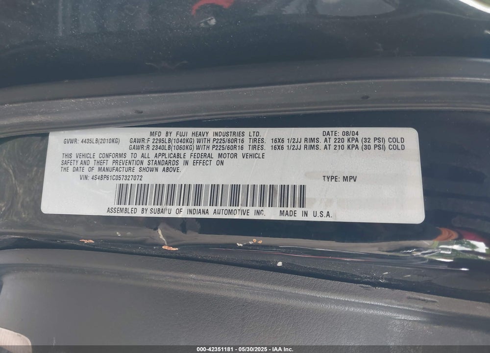 2005 SUBARU OUTBACK 2.5I VIN: 4S4BP61C057327072