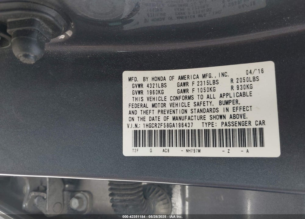 2016 HONDA ACCORD VIN: 1HGCR2F58GA196437