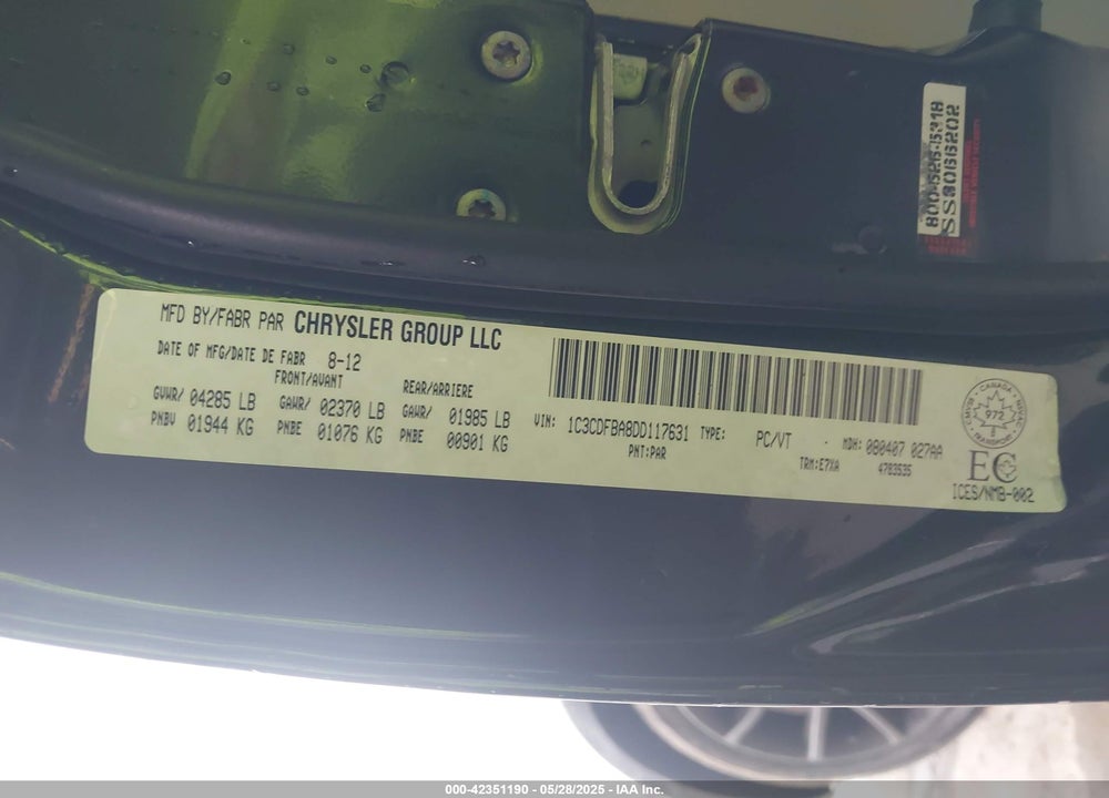 2013 DODGE DART VIN: 1C3CDFBA8DD117631