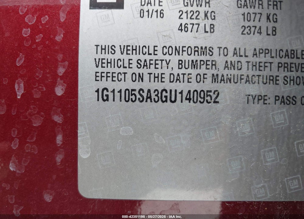 2016 CHEVROLET IMPALA VIN: 1G1105SA3GU140952