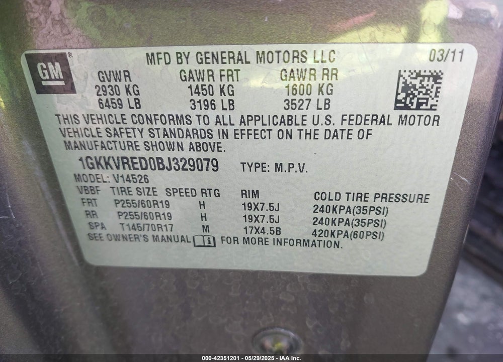 2011 GMC ACADIA SLT-1 VIN: 1GKKVRED0BJ329079