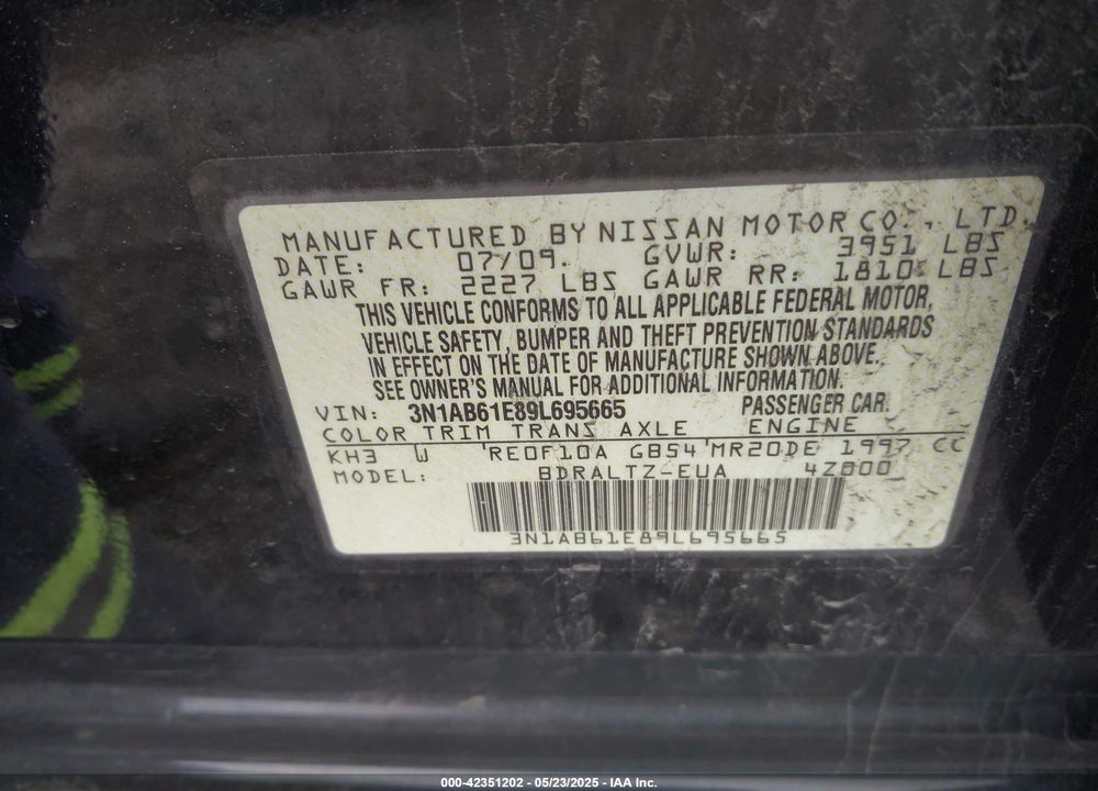 2009 NISSAN SENTRA 2.0SR VIN: 3N1AB61E89L695665
