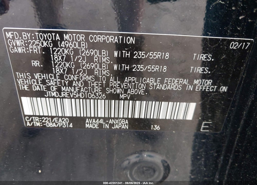 2017 TOYOTA RAV4 HYBRID LIMITED VIN: JTMDJREV5HD106326