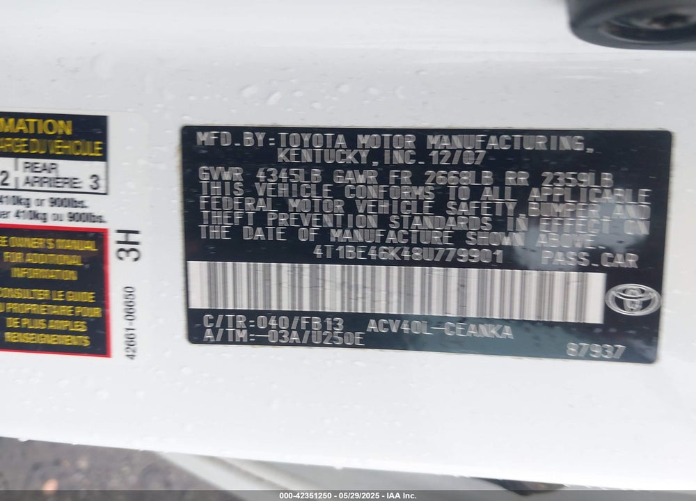 2008 TOYOTA CAMRY VIN: 4T1BE46K48U779901
