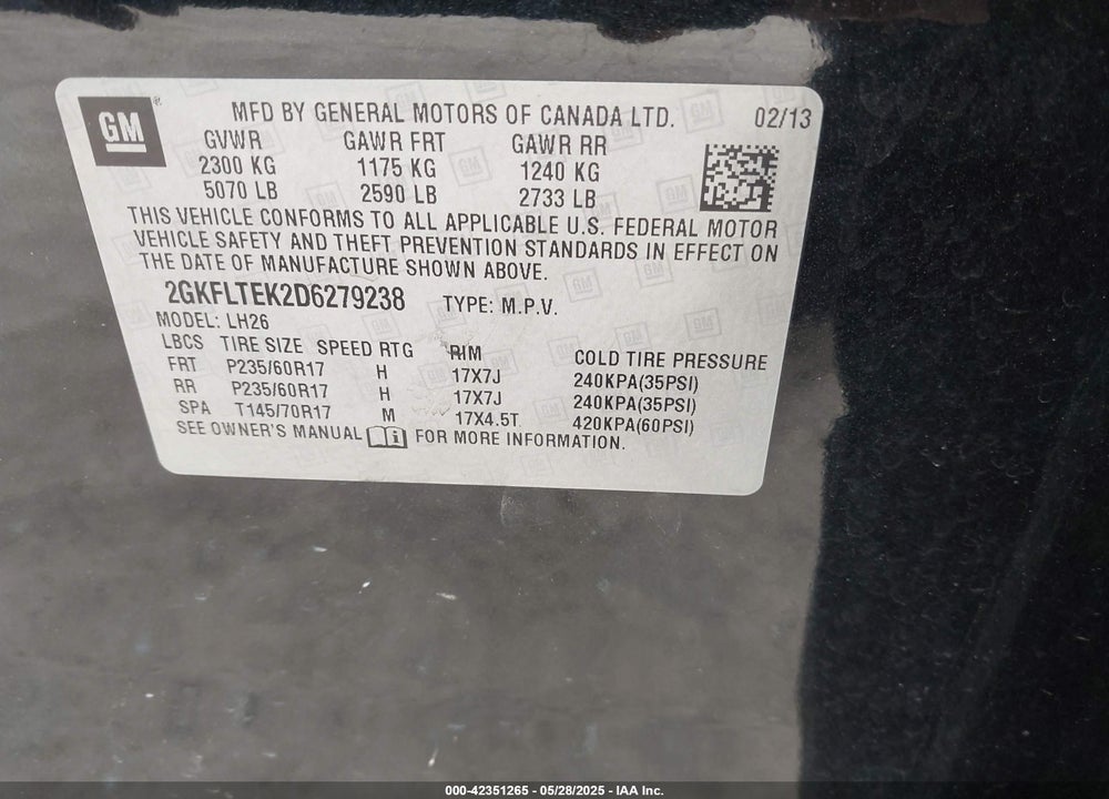 2013 GMC TERRAIN VIN: 2GKFLTEK2D6279238