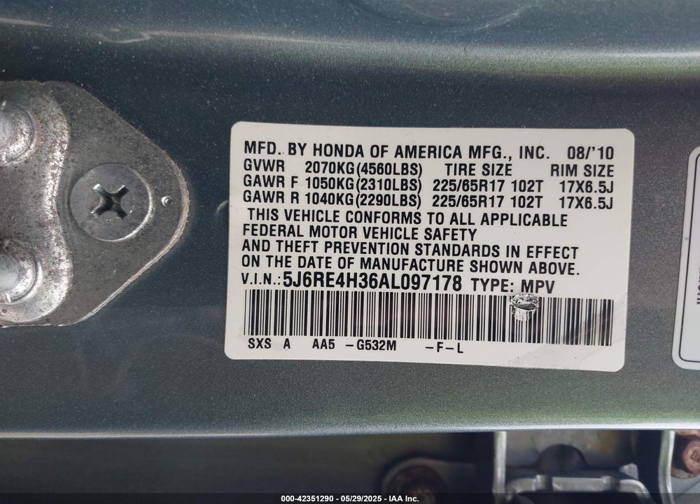 2010 HONDA CR-V LX VIN: 5J6RE4H36AL097178