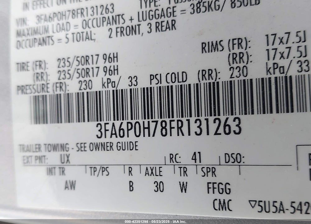 2015 FORD FUSION VIN: 3FA6P0H78FR131263
